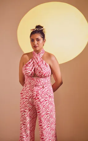Pink Abstract Print Cross Wrap Halter Top