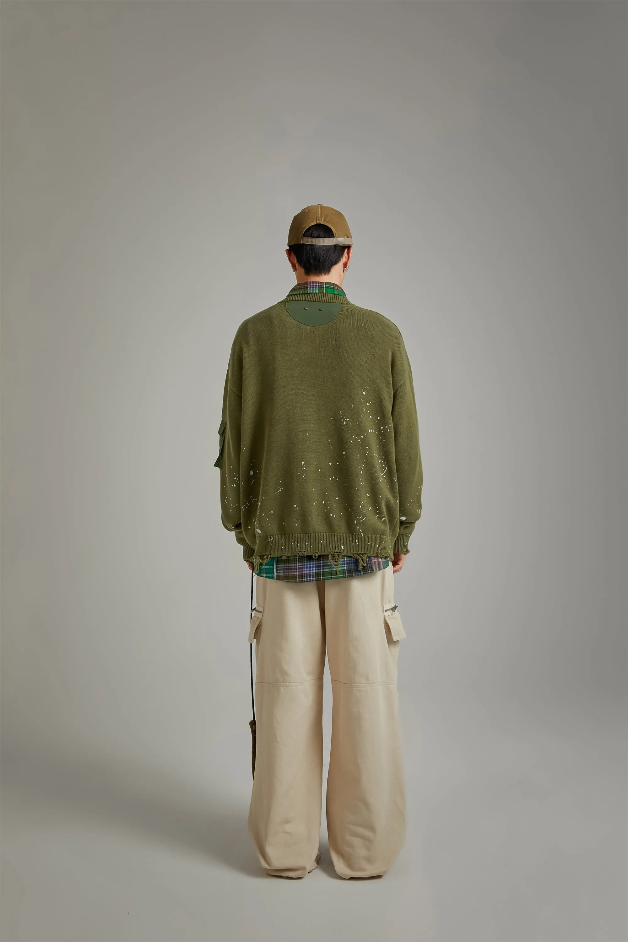 Pocket Paint Splatter Distressed Loose Fit Knit Sweater