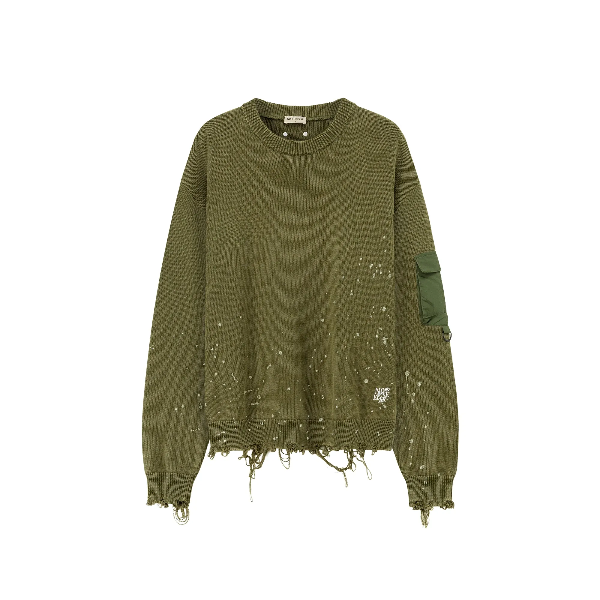 Pocket Paint Splatter Distressed Loose Fit Knit Sweater