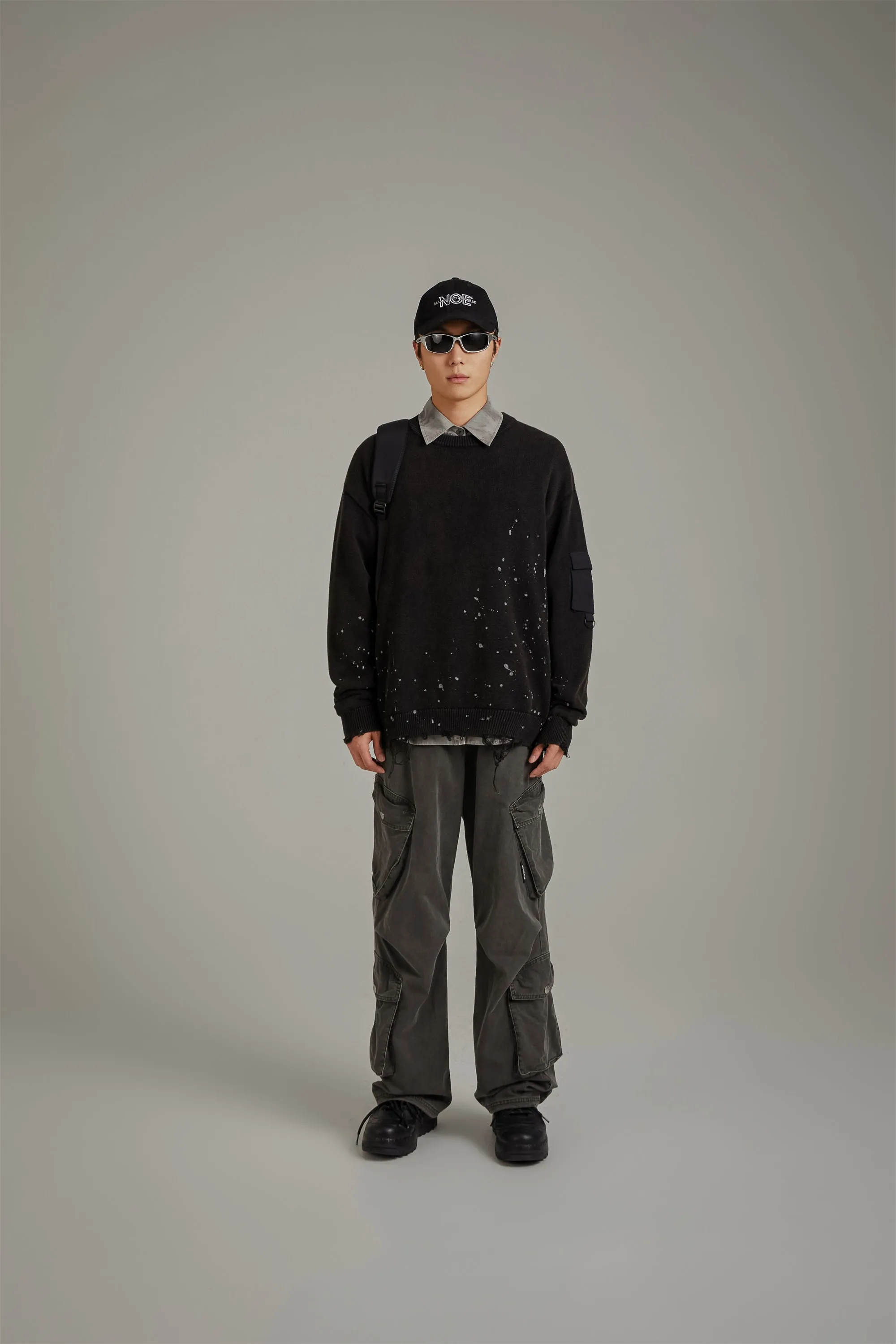 Pocket Paint Splatter Distressed Loose Fit Knit Sweater