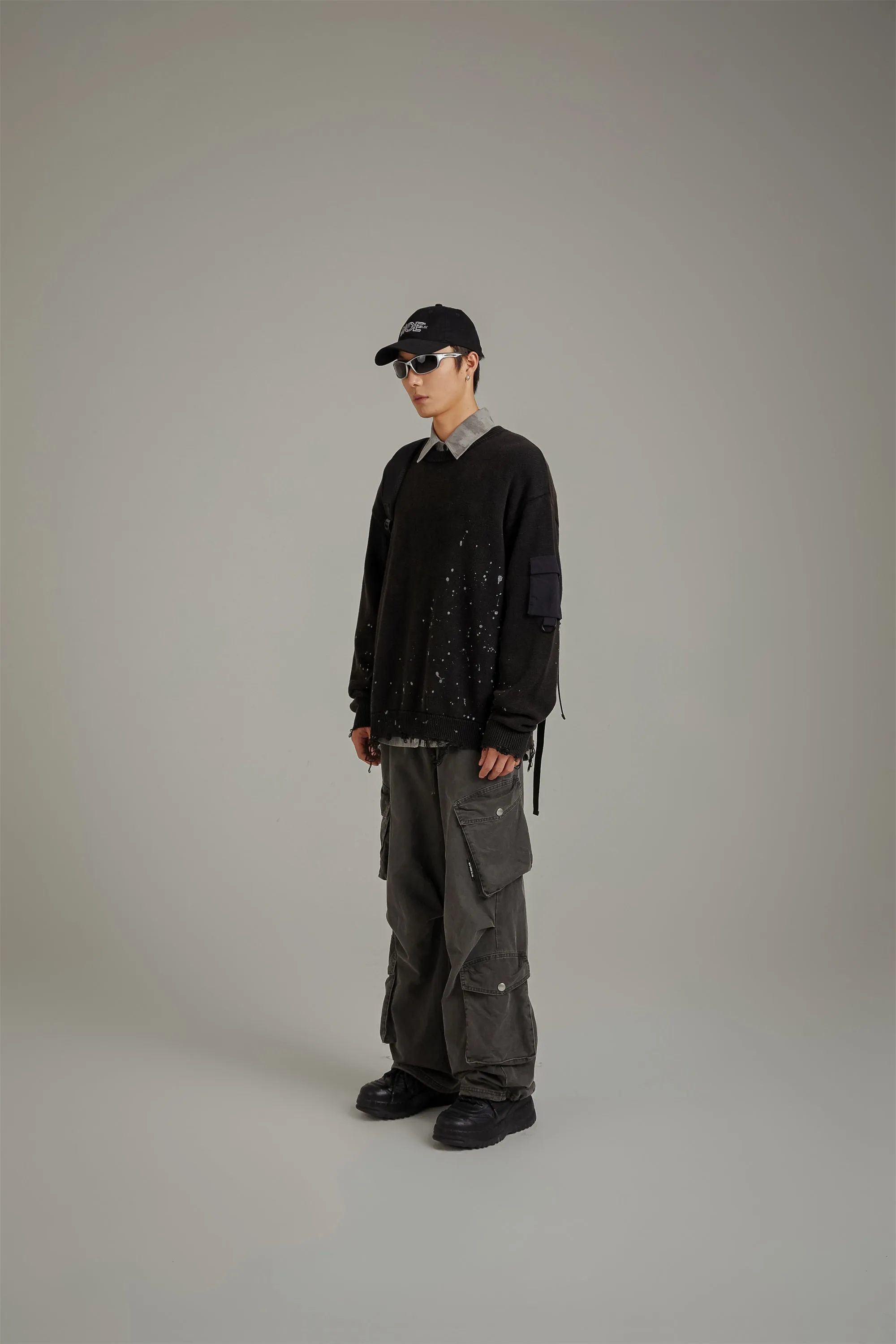 Pocket Paint Splatter Distressed Loose Fit Knit Sweater
