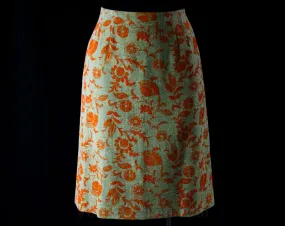 Size 4 Orange Floral 60s Office Skirt - Secretary Chic - Flocked Flowers - Beige Linen - Small 1960s Summer Tailored A-Line Style - Waist 25