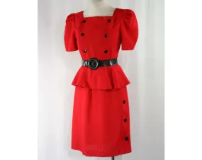Size 6 Red Dress & Black Belt - 1940s Inspired 80s Design - Short Sleeved Square Neck 1980s Office Style - Peplum Buttons - Waist 25.5