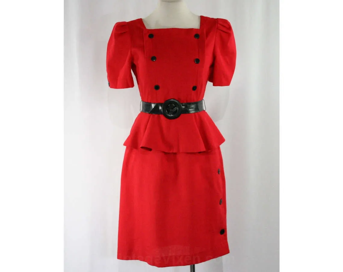Size 6 Red Dress & Black Belt - 1940s Inspired 80s Design - Short Sleeved Square Neck 1980s Office Style - Peplum Buttons - Waist 25.5