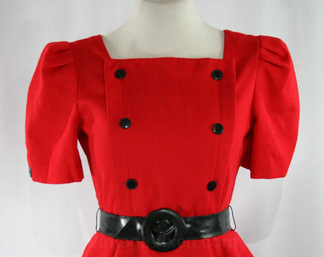 Size 6 Red Dress & Black Belt - 1940s Inspired 80s Design - Short Sleeved Square Neck 1980s Office Style - Peplum Buttons - Waist 25.5