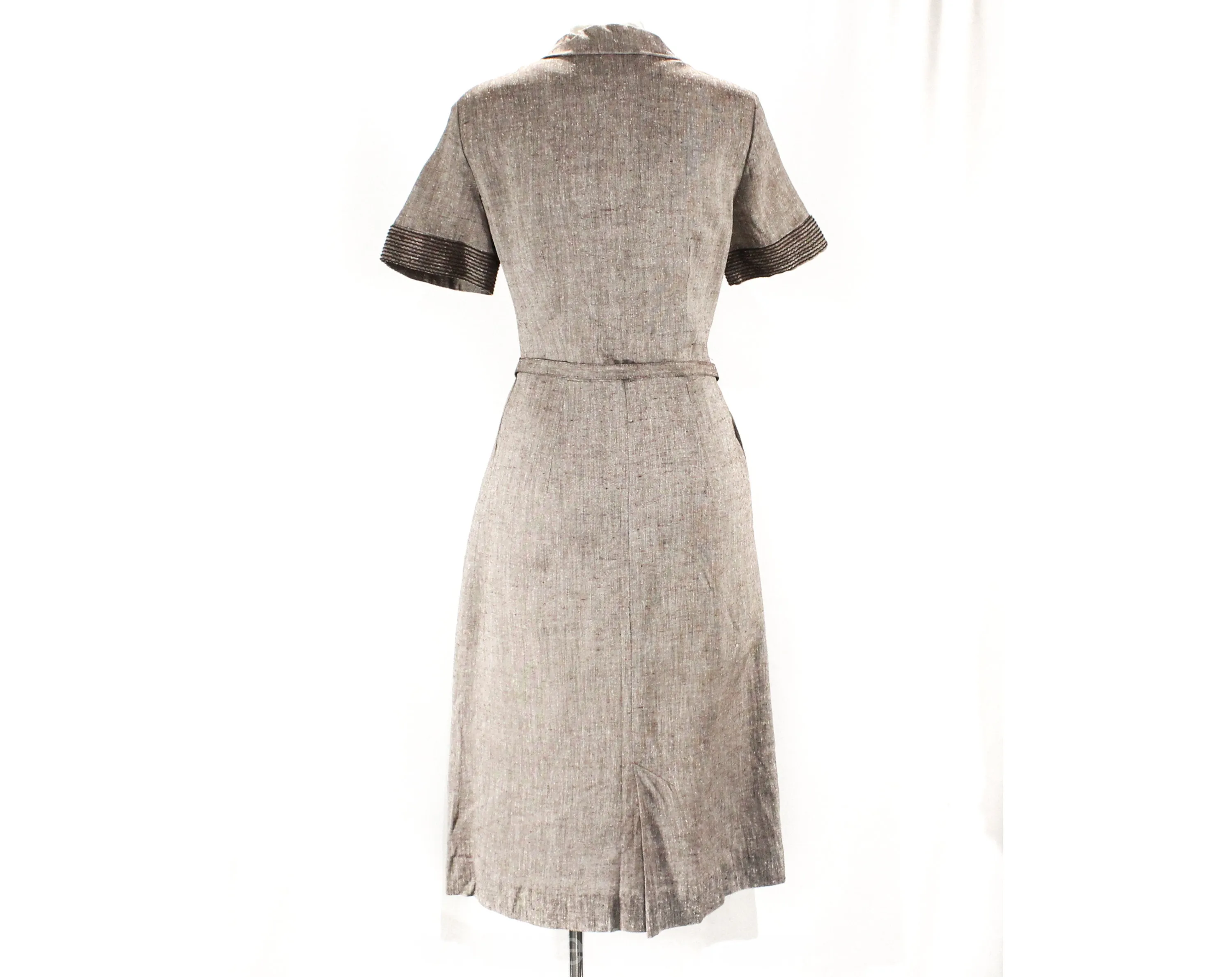 Size 8 1950s Secretary Dress - Short Sleeved 50s Brown Fleck Cottony Fitted Sheath - Peter Pan Collar & Bow - Original Belt - Waist 29.5
