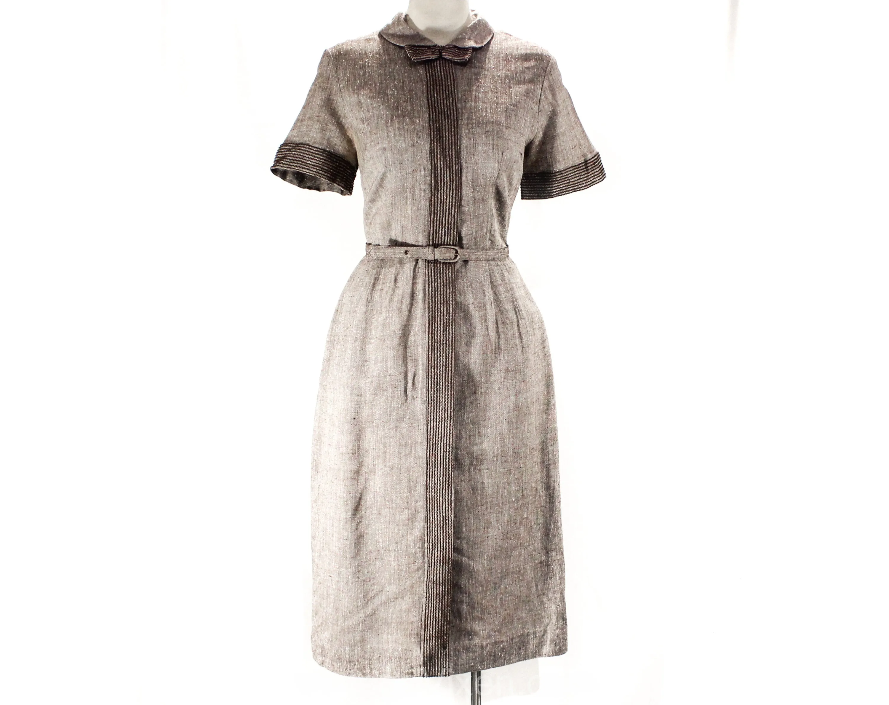 Size 8 1950s Secretary Dress - Short Sleeved 50s Brown Fleck Cottony Fitted Sheath - Peter Pan Collar & Bow - Original Belt - Waist 29.5