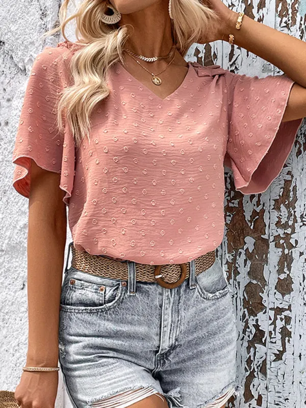 Swiss Dot Flared Sleeves Blouse: V-Neck, Versatile Fit