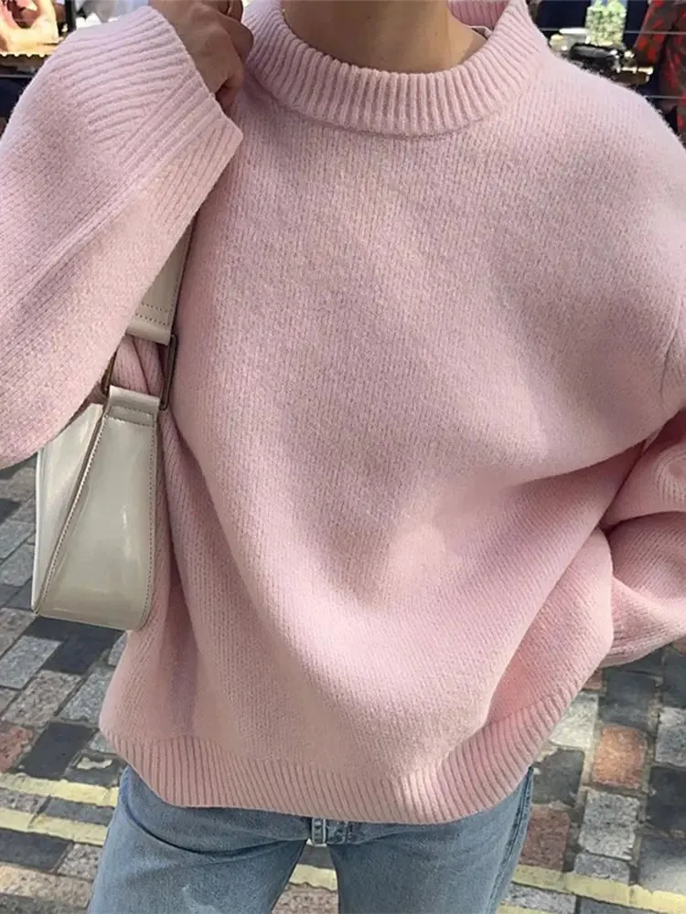 Women Solid Knitting Loose O-neck Long Sleeve Soft Elegant Basic Autumn Warm Sweater